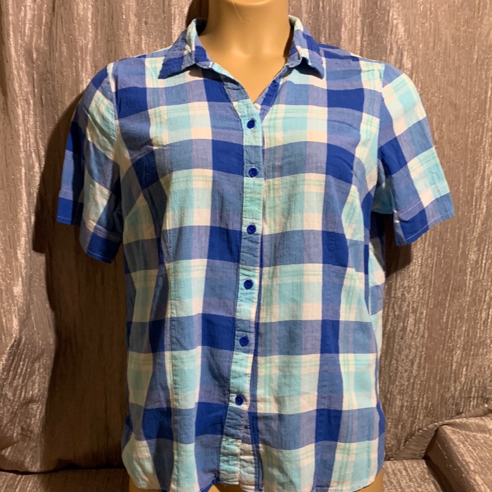 White Stag Top Blouse Blue White Plaid XL 16-18 Short Sleeve Front Buttons